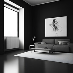 Interior of modern living room with black walls, concrete floor, comfortable gray sofa standing near the window and picture on the wall. 3d rendering