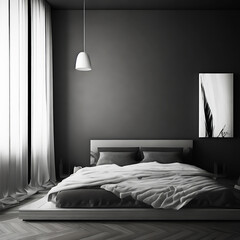 Corner of modern bedroom with gray walls, wooden floor, comfortable king size bed with black blanket and lamp. 3d rendering