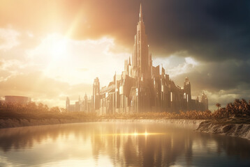 Fantasy city surrounded by river on the sunny landscape. Ancient castle in morning sun rays. Generated AI.