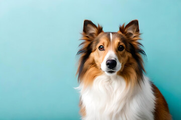 Fototapeta premium Shetland Sheepdog on light blue background