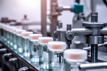 Pharmaceutical industry, pills are bottled on the production line conveyor in a pharmaceutical factory. Selective focus 