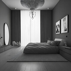 Interior of modern bedroom with gray walls, wooden floor, comfortable king size bed and round mirror. 3d rendering