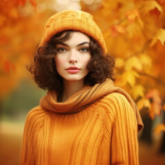 Beautiful girl. Autumn background. Illustration AI Generative.