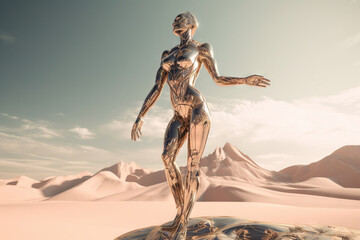 Crome robot woman posing with spread arms. Artificial intelligence rise and shiny. Mechanical beauty. Generated AI.