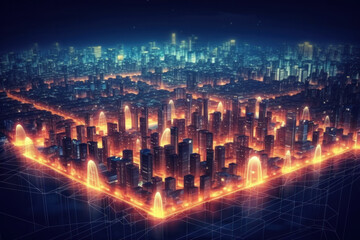 Obraz na płótnie Canvas City and polygon connection with speed line technology. Illustration AI Generative.