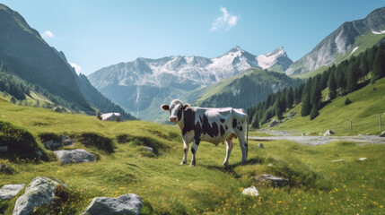Cows in Alps background. Illustration AI Generative.