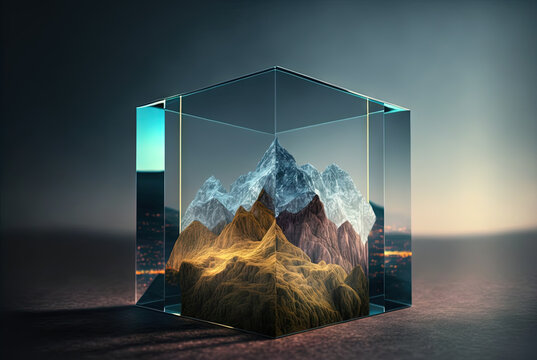 Mysterious glass cube on the natural landscape. Shiny mystic geometric object on abstract background. Generated AI.