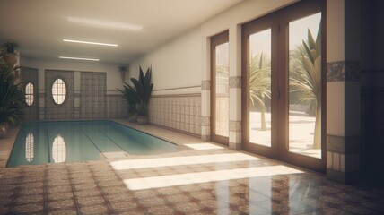 Indoor swimming pool in a luxury home. Walls and floors of light-colored tiles, large windows overlooking the garden, a plant in a floor flowerpot. Generative AI