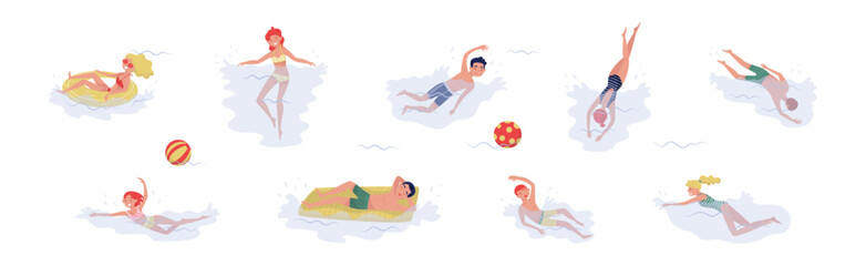 People Characters Splashing in Sea Water and Swimming Vector Set