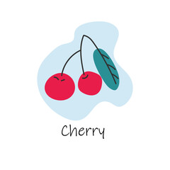 Vector hand drawn isolated cherry with lettering. Cartoon style. Flat cherry icon, logo for web, design, packaging.