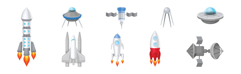 Space Discovery Object with Shuttle and Rocket for Universe Exploration Vector Set