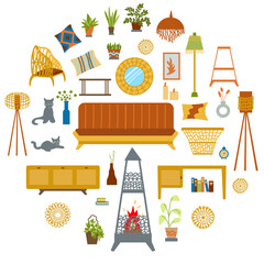 Vector set with furniture and decorative design elements for a cozy eco-friendly interior of the Living room and Office in boho style. Cute illustrations of furniture in the style of flat doodles.