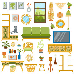 Vector collection with furniture and decorative design elements for a cozy eco-friendly interior in boho style. Cute of illustrations of furniture in a flat doodle style.
