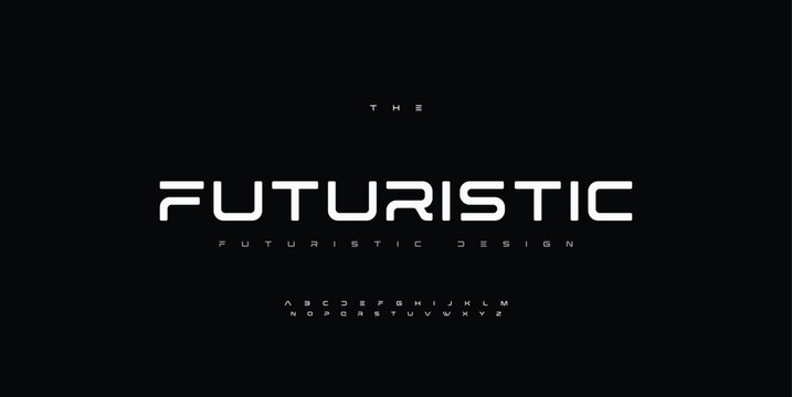 Futuristic font alphabet letters. Future logo typography. Creative minimalist typographic design. Cropped letters set for science technology, space future logo type, hud text, headline, scifi cover
