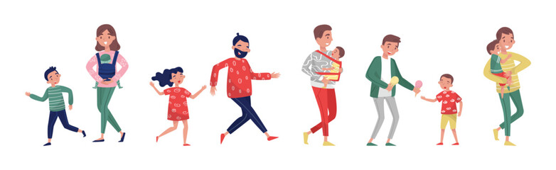 Happy Parents with Children Walking Together in the Park Vector Set