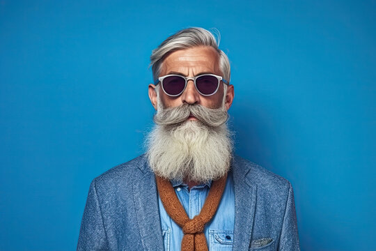 Studio shot of handsome senior man hipster dressed in stylish coat and sunglasses. Isolated on blue background Generative AI