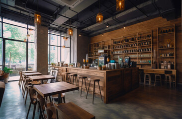 Fototapeta na wymiar The industrial interior is a loft-style bar with modern wooden furniture, large light windows and evergreen plants. Generative AI.