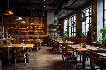 Fototapeta na wymiar The industrial interior is a loft-style bar with modern wooden furniture, large light windows and evergreen plants. Generative AI.