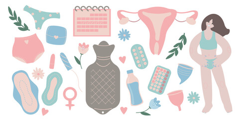 Menstrual period set. Female period elements - tampon, pads, menstrual cup. Menstruation hygiene in critical days. Flat vector illustration