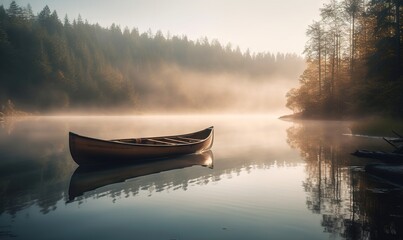  a canoe on a lake with fog in the air and trees in the background, with the sun shining through the fog in the water.  generative ai