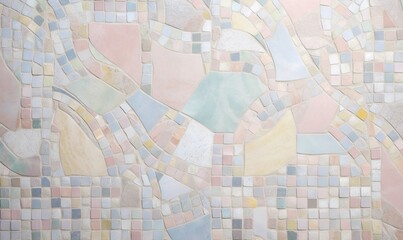  a painting of a mosaic pattern on the wall of a building with a bench in the foreground and a bench in the foreground.  generative ai