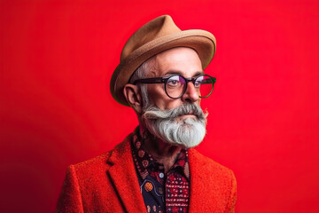 Studio shot of handsome senior man hipster dressed in stylish coat and sunglasses. Isolated on red background Generative AI