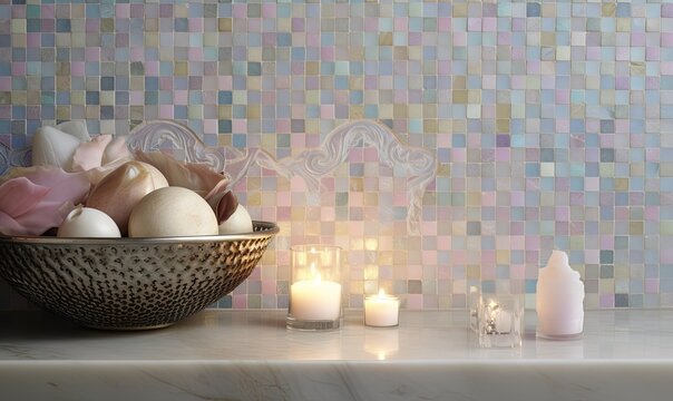  a bowl of eggs sitting on a counter next to candles and a wallpapered wall with a mosaic design behind it and a candle holder.  generative ai