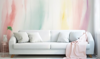  a white couch sitting in front of a wall with a rainbow painted mural on it's wall behind a white couch and a pink blanket.  generative ai