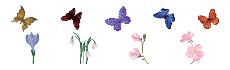 Colorful Lush Flower Buds and Fluttering Butterfly Vector Set