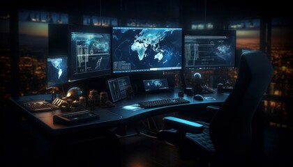large modern computer on the desk, hacking, dark environment, Ultra realistic