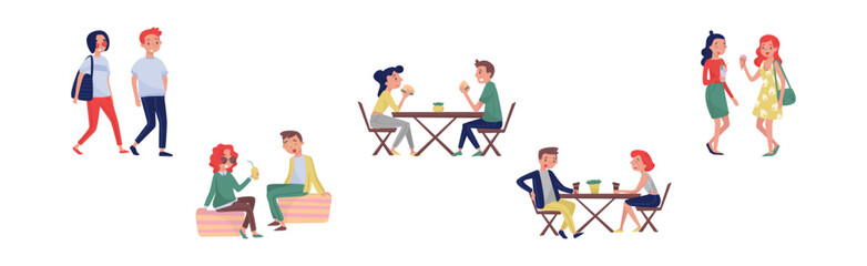 People Characters Eating Street Food Outdoor Vector Set