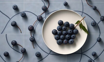  a white bowl filled with blueberries on top of a blue tile floor next to a plate of blueberries with a leaf on top.  generative ai