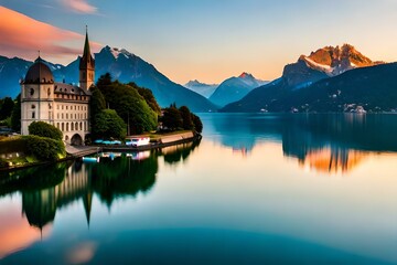 Fototapeta na wymiar Tranquil Swiss Lakes: Highlight the serene charm of Swiss lakes like Lake Geneva, Lake Lucerne, or Lake Zurich. Capture the crystal-clear waters reflecting the surrounding mountains, sailboats gliding