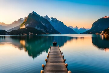 Tranquil Swiss Lakes: Highlight the serene charm of Swiss lakes like Lake Geneva, Lake Lucerne, or Lake Zurich. Capture the crystal-clear waters reflecting the surrounding mountains, sailboats gliding - obrazy, fototapety, plakaty