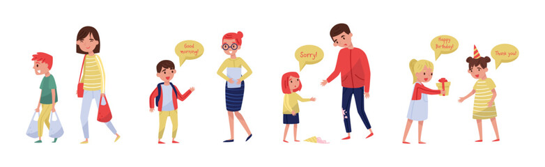 Kids with Good Manners Apologize, Give Gift Box, Greeting and Carry Shopping Bag Vector Set
