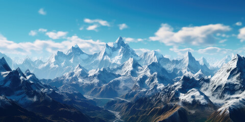 "Awe-inspiring mountain vista." Majestic mountains standing tall against a backdrop of a clear blue sky. Generative AI 