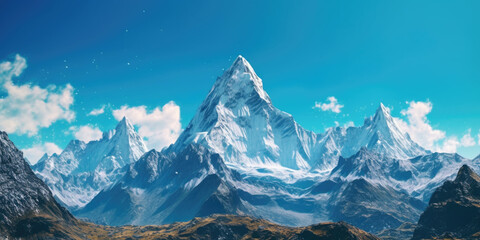 Majestic mountains standing tall against a backdrop of a clear blue sky. Generative AI 