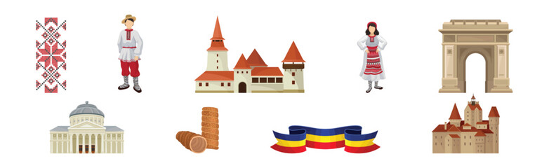 Cultural Symbols of Romania and Traditional Attribute Vector Set