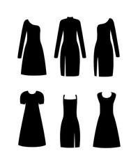 Little black dress. Cocktail and evening dresses collection. Woman clothing. Silhouette apparel. Clothes icon isolated on a white background. Vector illustration.