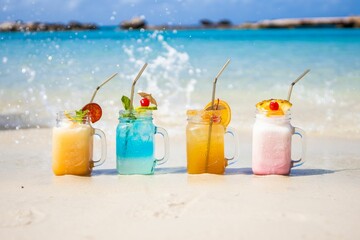 Refresh Cocktail drinks on sandy beach with splashing water