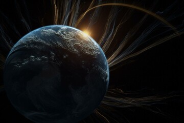 Obraz na płótnie Canvas Magnetic field around Earth deflects solar wind & radiation, as shown by NASA. Generative AI