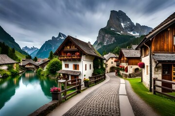 Fototapeta na wymiar Charming Swiss Villages: Explore the idyllic Swiss villages with their traditional chalet-style architecture, colorful flower displays, and charming cobblestone streets