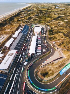 Vertical aerial shot of Zandvoort Formula 1 Circuit in preparation for the Dutch Grand Prix event