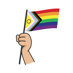 Hand holding lgbt rainbow flag. Cartoon arm doodle holding Pride symbol. Gender diversity representation.