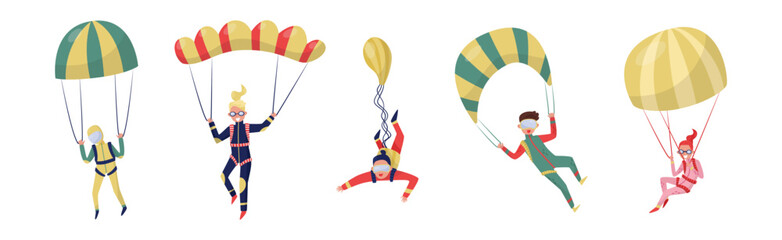 Man and Woman Paratrooper or Parachutist Free-falling and Descenting with Parachutes Vector Set