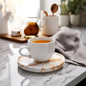 En la imagen de la escena de una taza de té en una cocina, se puede apreciar una cocina bien iluminada con un ambiente cálido y acogedor. La taza de té se encuentra ubicada en una encimera de mármol b