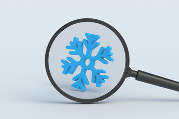Snowflake behind magnifying glass. 3d render