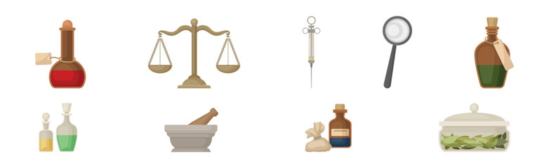 Ancient Medicine with Vial, Scales, Syringe, Bay Leaf and Pestle with Mortar Vector Set