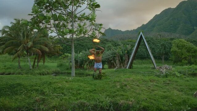 Samoan Fire Knife Dance On Tropical Island