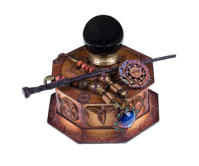 magic box and magic wand isolated on white background